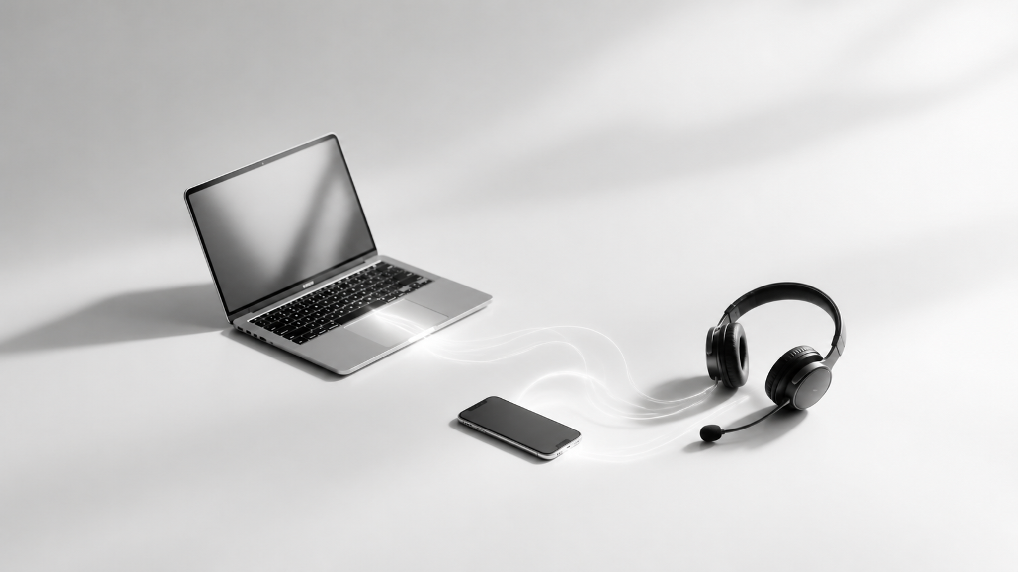 Escritorio visto desde arriba con una notebook, un celular y un auricular unidos por lineas de luz