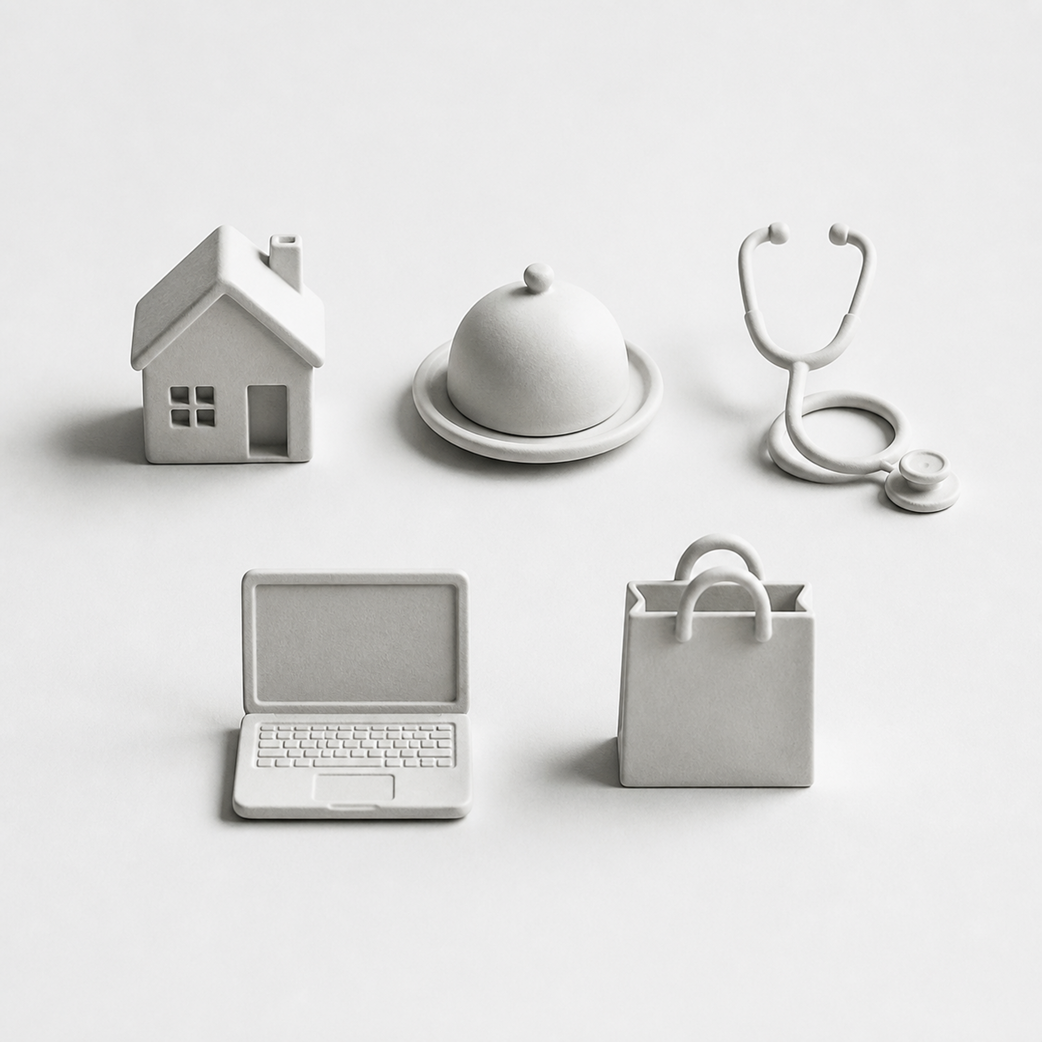 Objetos minimalistas de cada rubro: casa, plato, estetoscopio, notebook y bolsa de compras