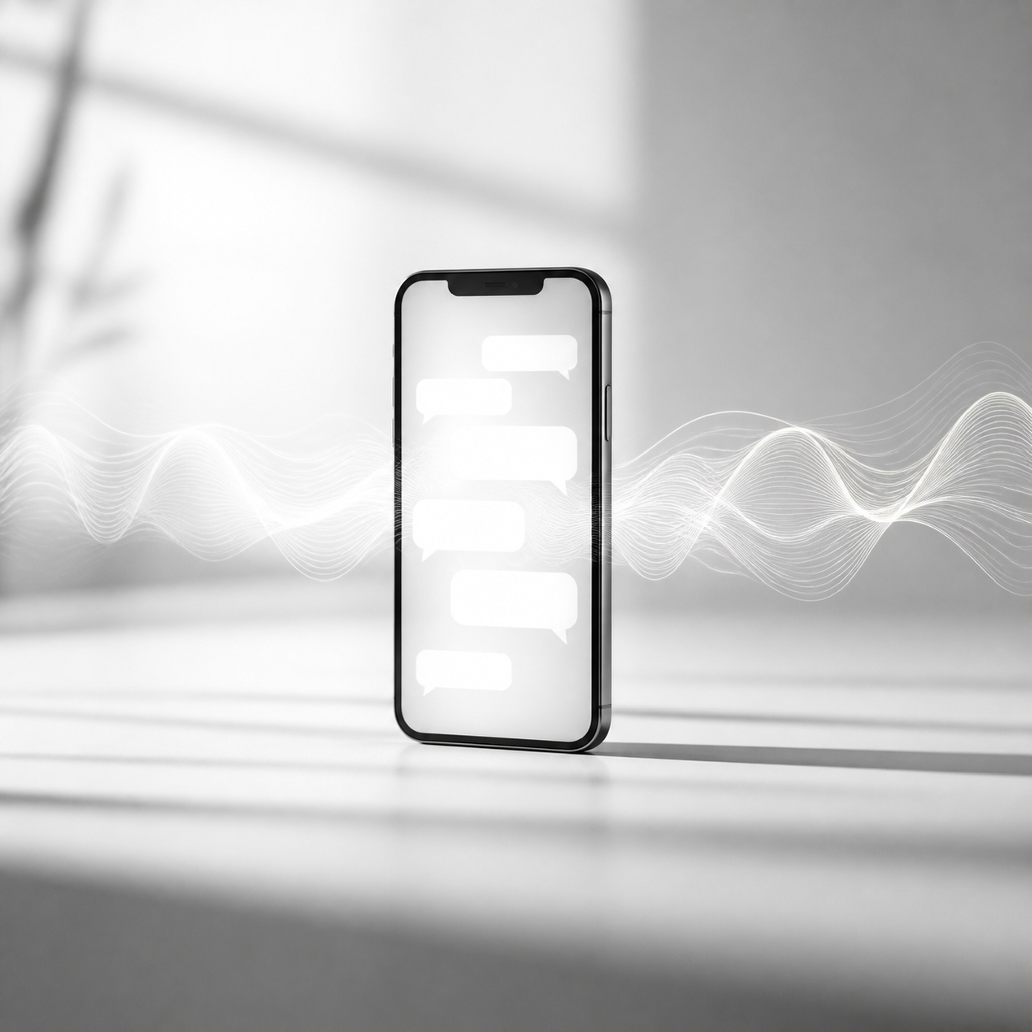 Un celular con una conversacion en pantalla y ondas de sonido saliendo a los costados